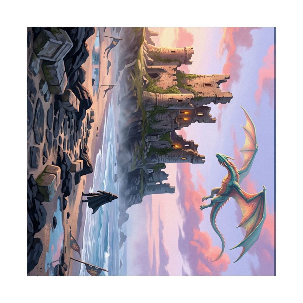 Dragon Sunset Matte Vertical Poster — Fantasy Castle Wall Art