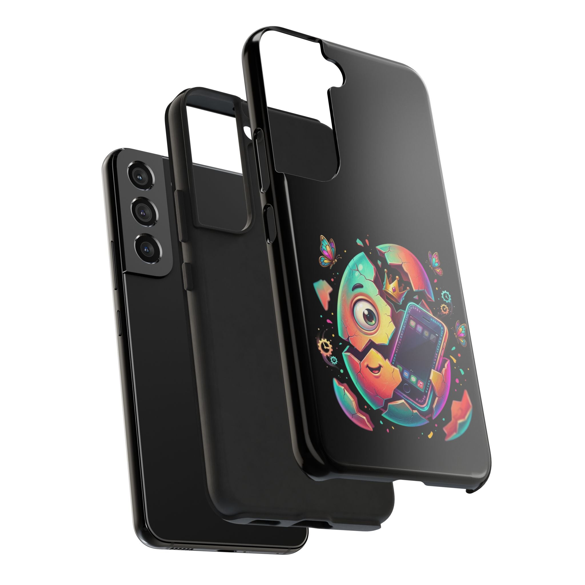 Hatchling Phone Case — Cute Neon Egg Character Holding Smartphone