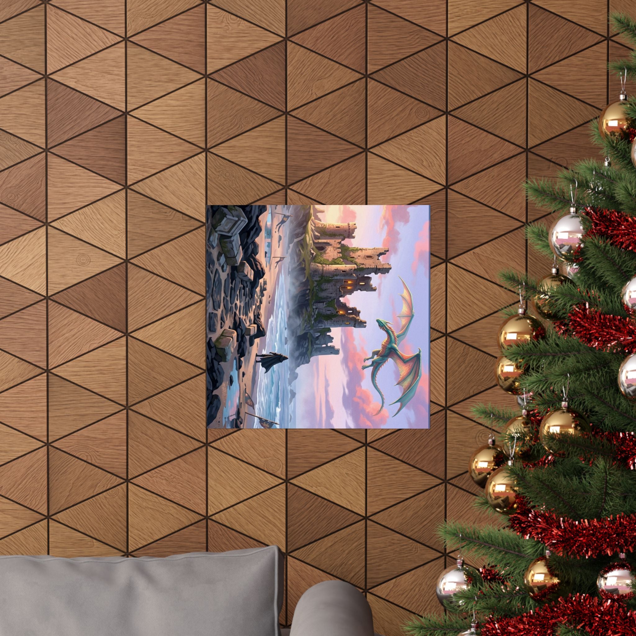 Dragon Sunset Matte Vertical Poster — Fantasy Castle Wall Art
