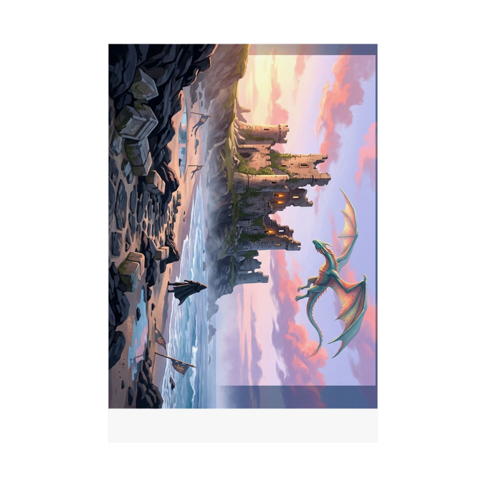 Dragon Sunset Matte Vertical Poster — Fantasy Castle Wall Art