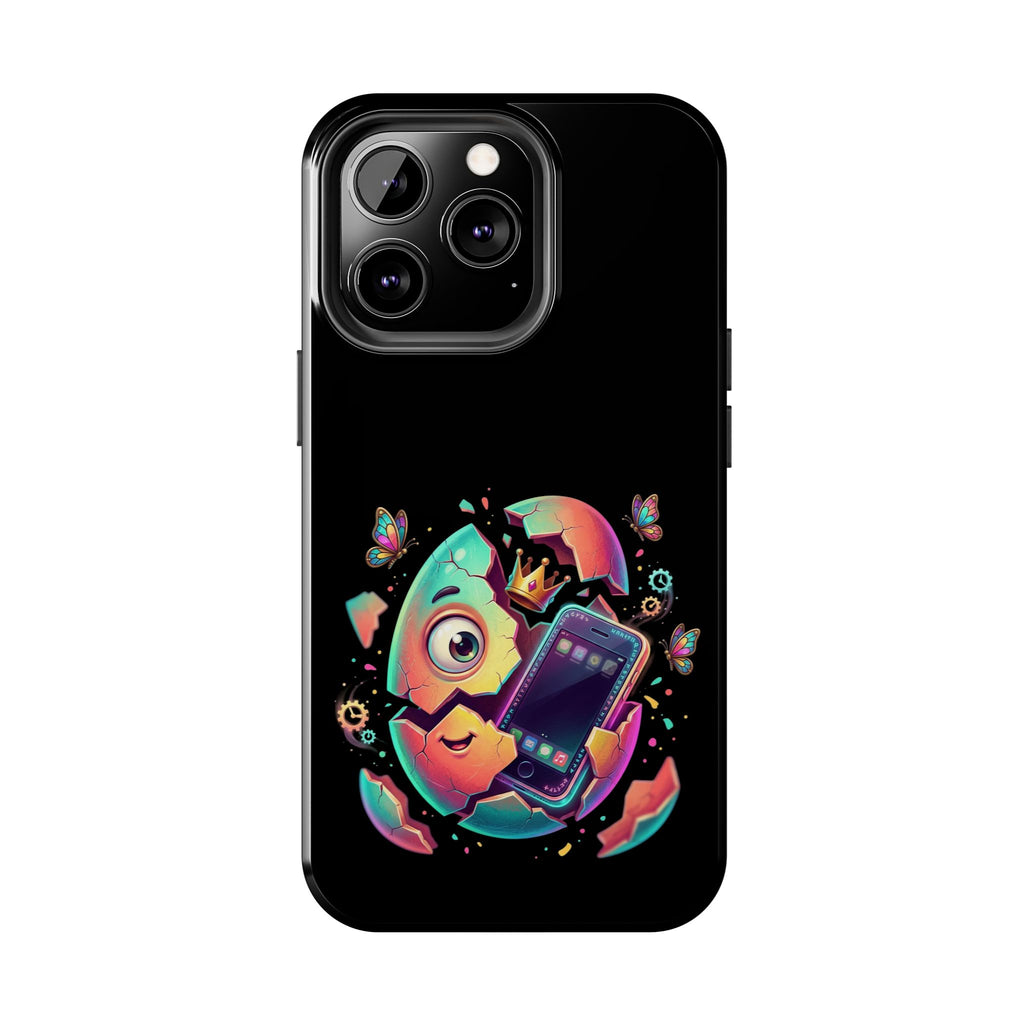 Hatchling Phone Case — Cute Neon Egg Character Holding Smartphone