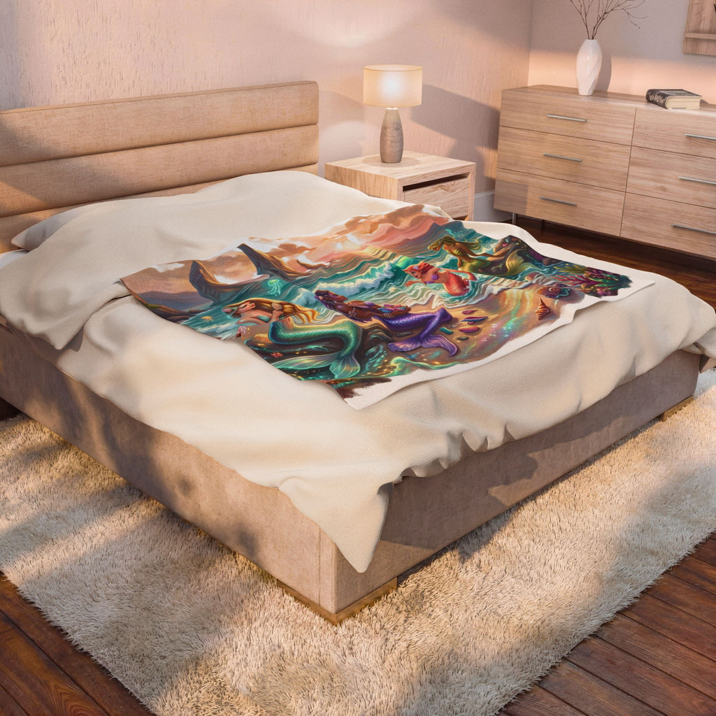 Mermaid Sunset Velveteen Plush Blanket — Cozy Beach Fantasy Throw