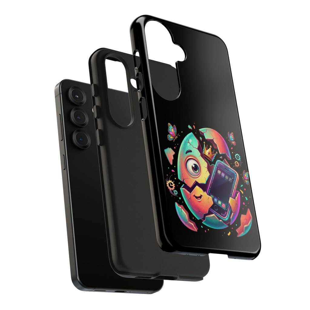 Hatchling Phone Case — Cute Neon Egg Character Holding Smartphone