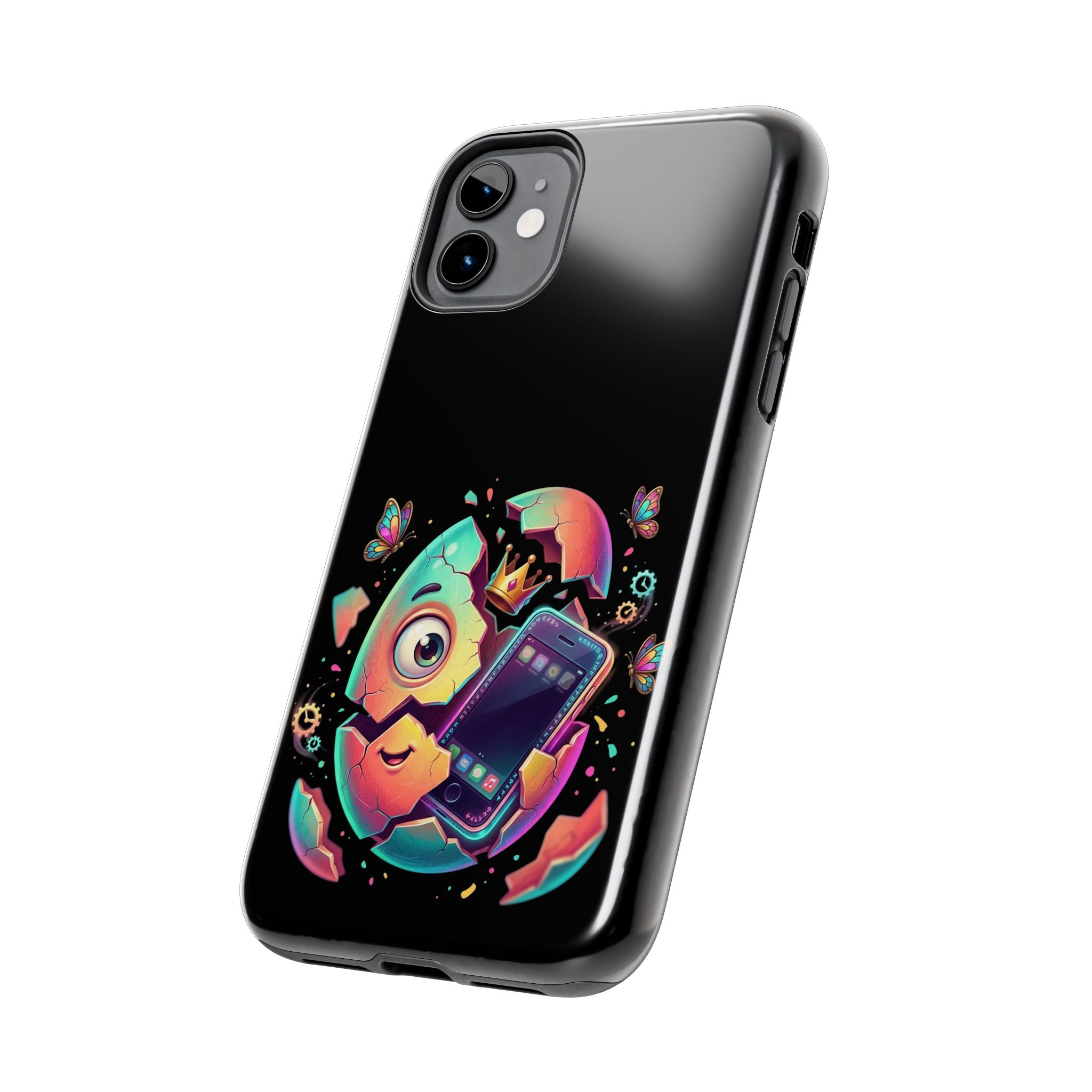 Hatchling Phone Case — Cute Neon Egg Character Holding Smartphone