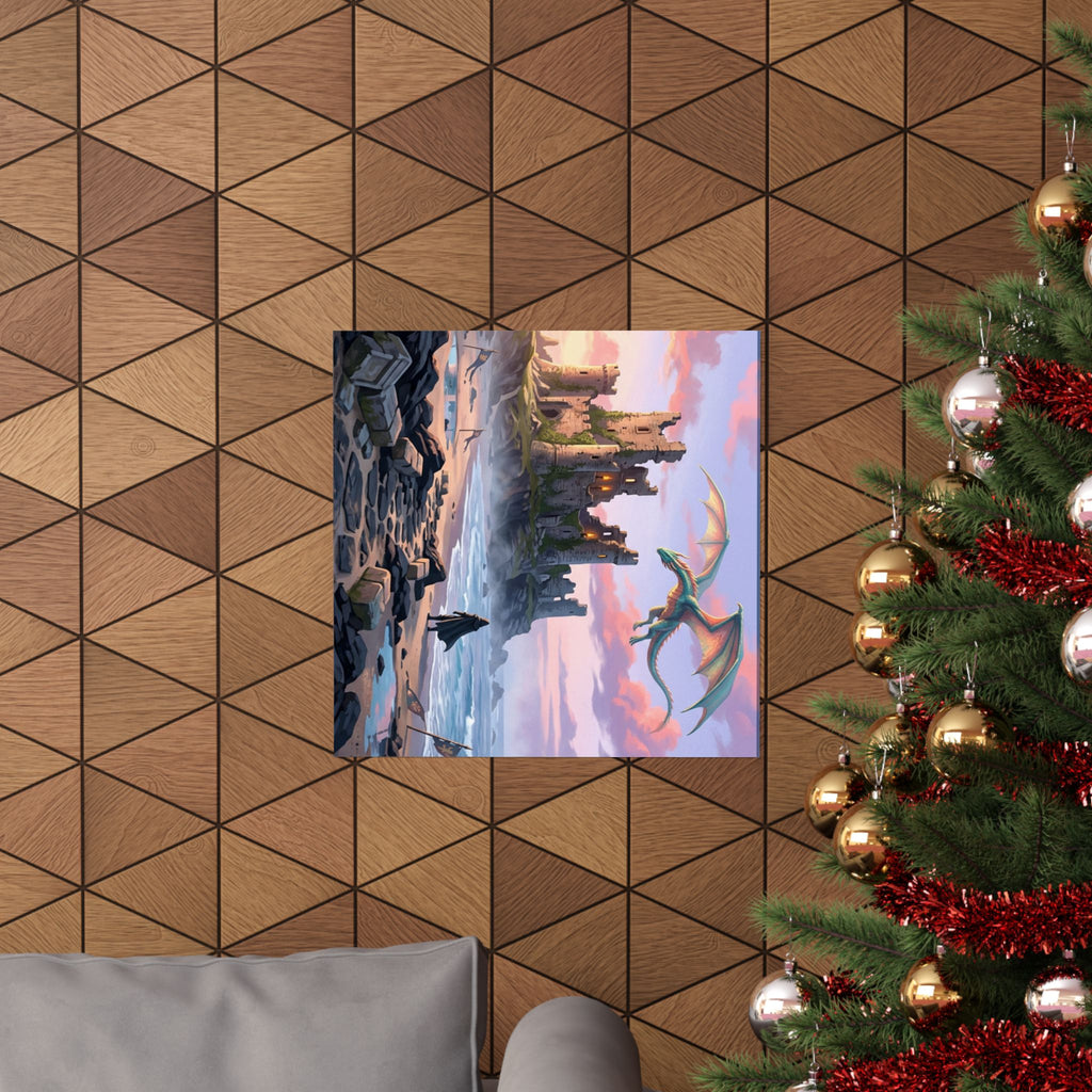 Dragon Sunset Matte Vertical Poster — Fantasy Castle Wall Art
