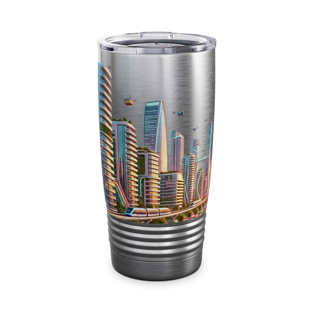 Cityscape Travel Tumbler — Futuristic Urban Skyline 20oz Stainless Steel