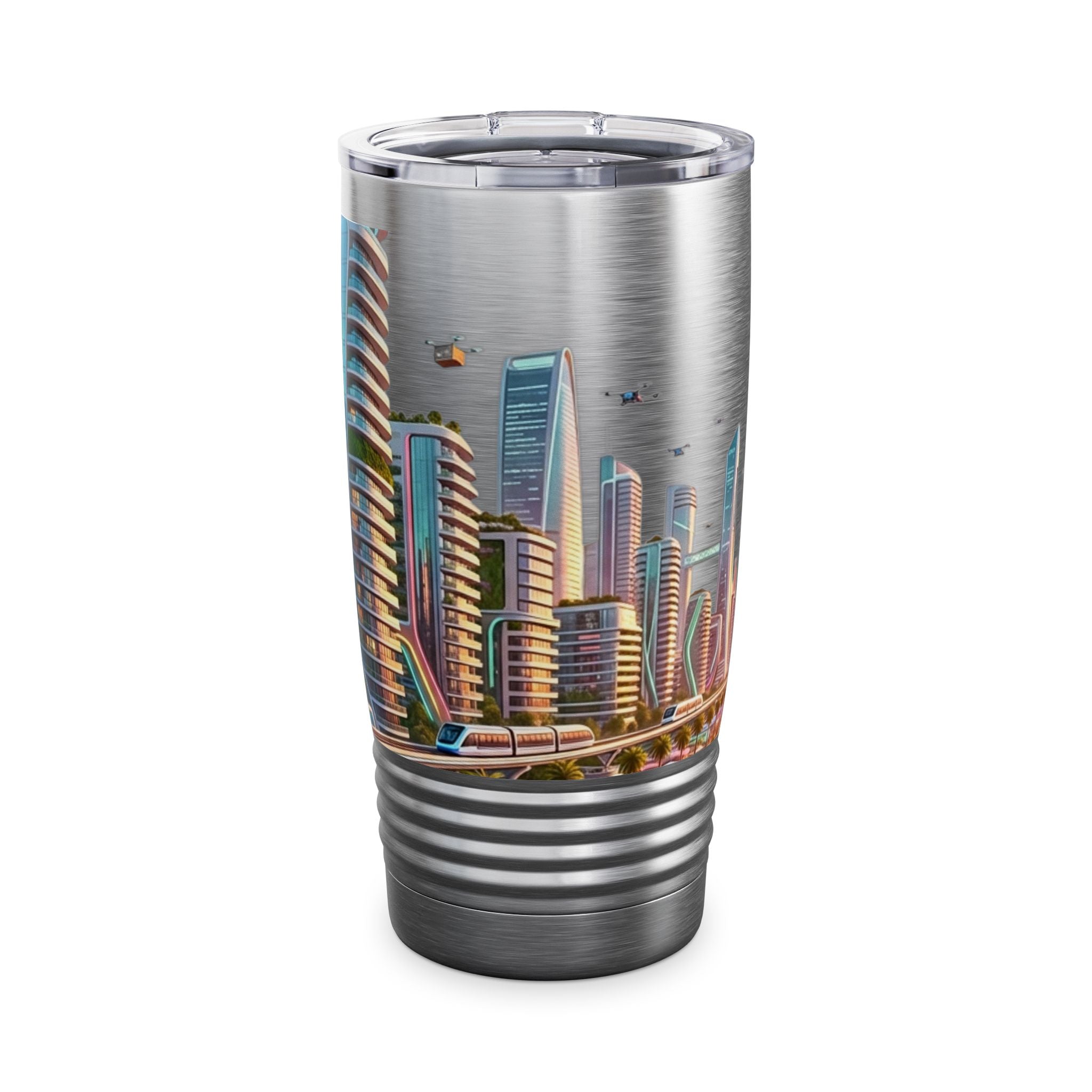Cityscape Travel Tumbler — Futuristic Urban Skyline 20oz Stainless Steel