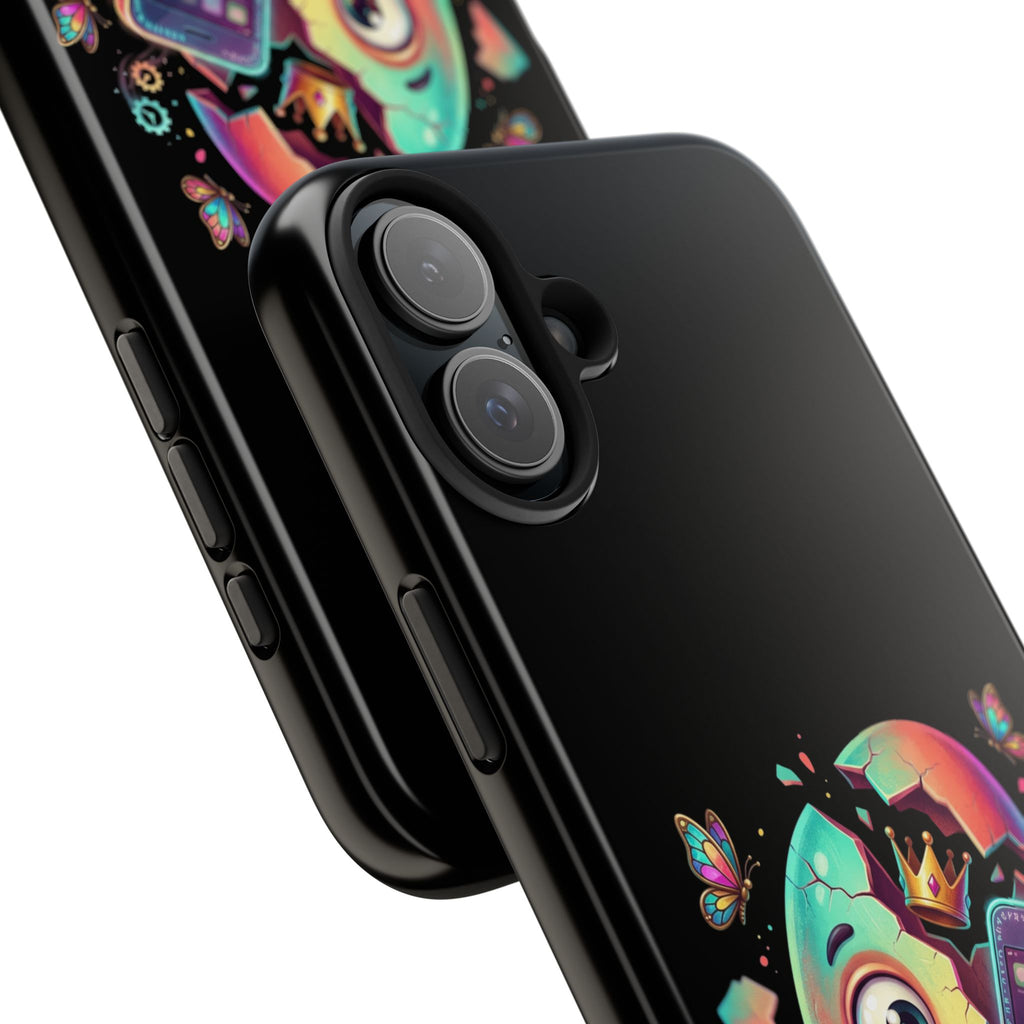 Hatchling Phone Case — Cute Neon Egg Character Holding Smartphone