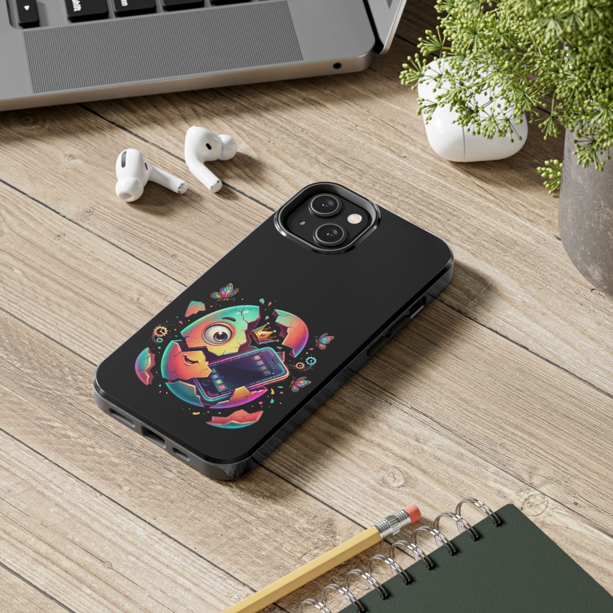 Hatchling Phone Case — Cute Neon Egg Character Holding Smartphone