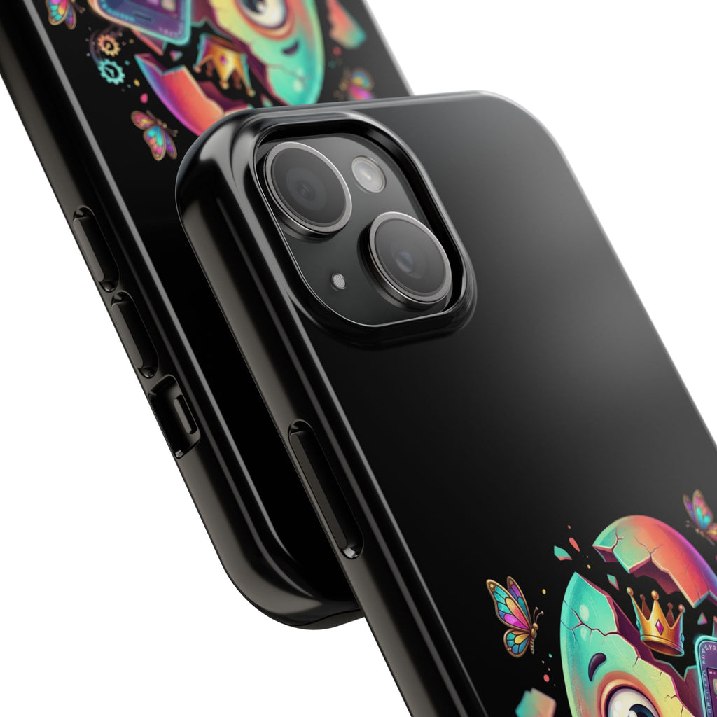 Hatchling Phone Case — Cute Neon Egg Character Holding Smartphone