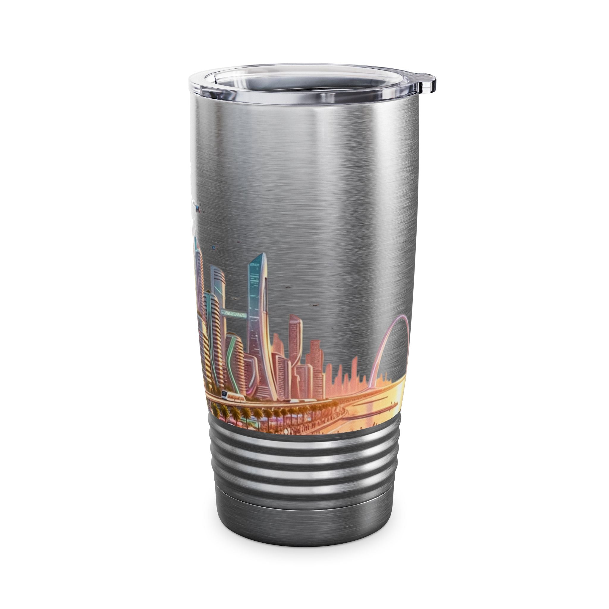 Cityscape Travel Tumbler — Futuristic Urban Skyline 20oz Stainless Steel