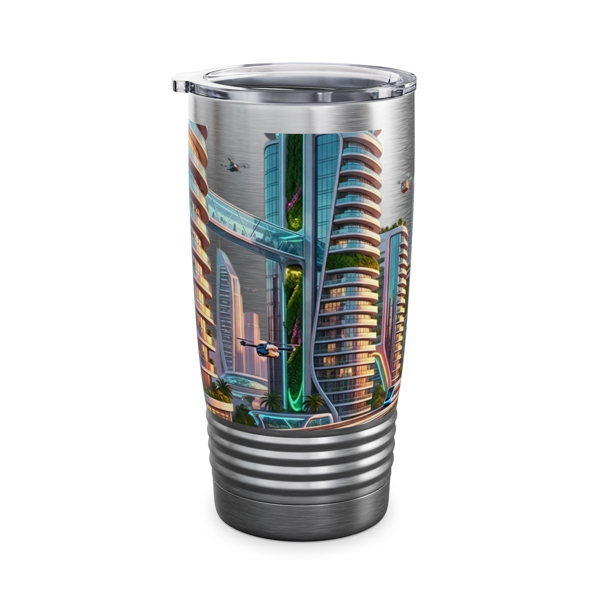 Cityscape Travel Tumbler — Futuristic Urban Skyline 20oz Stainless Steel