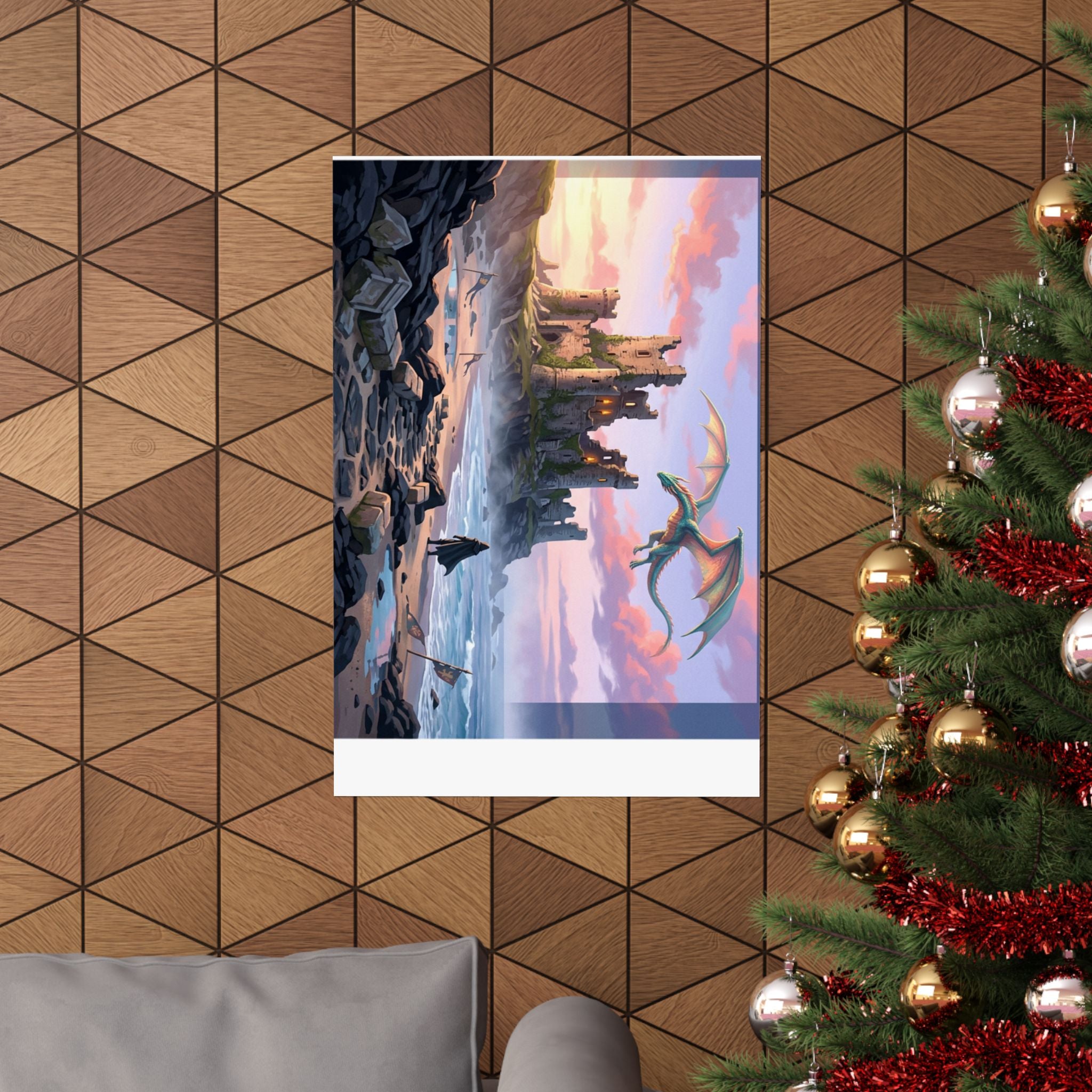 Dragon Sunset Matte Vertical Poster — Fantasy Castle Wall Art