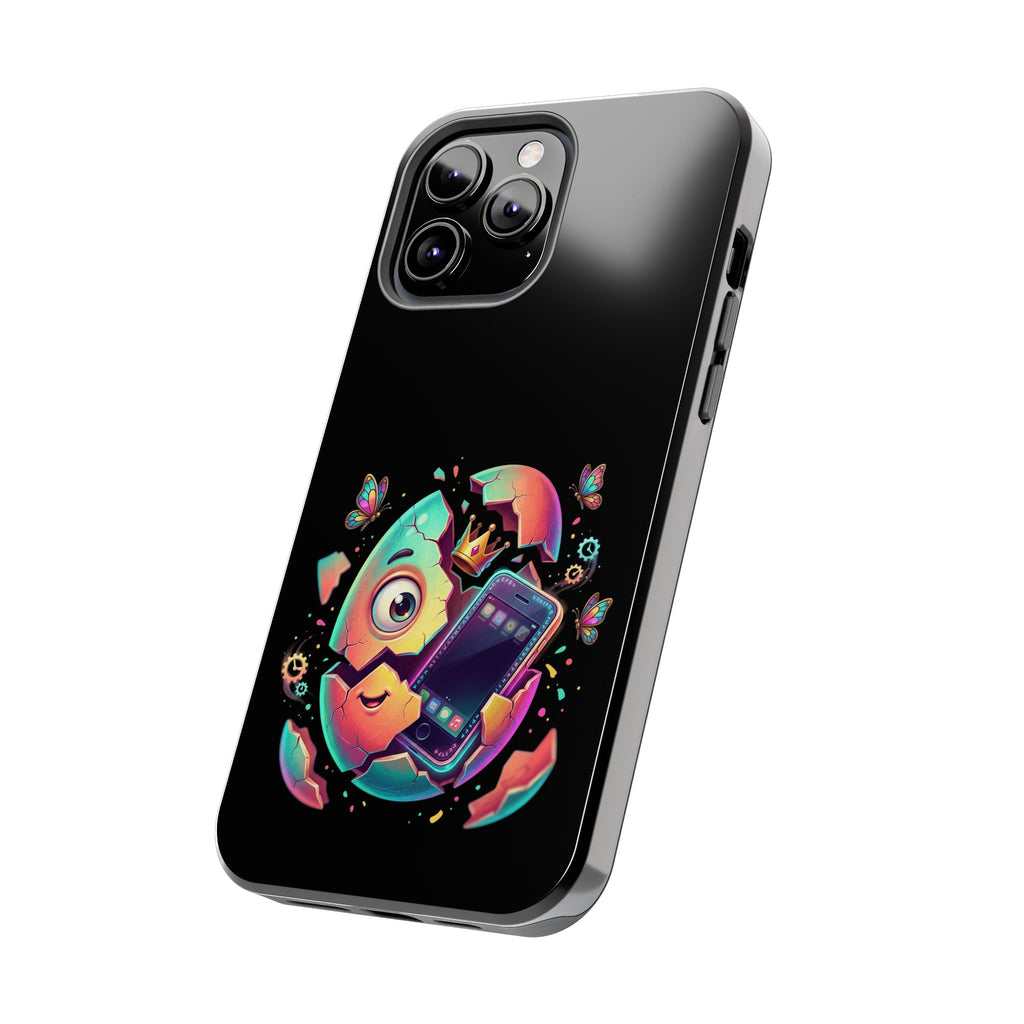 Hatchling Phone Case — Cute Neon Egg Character Holding Smartphone
