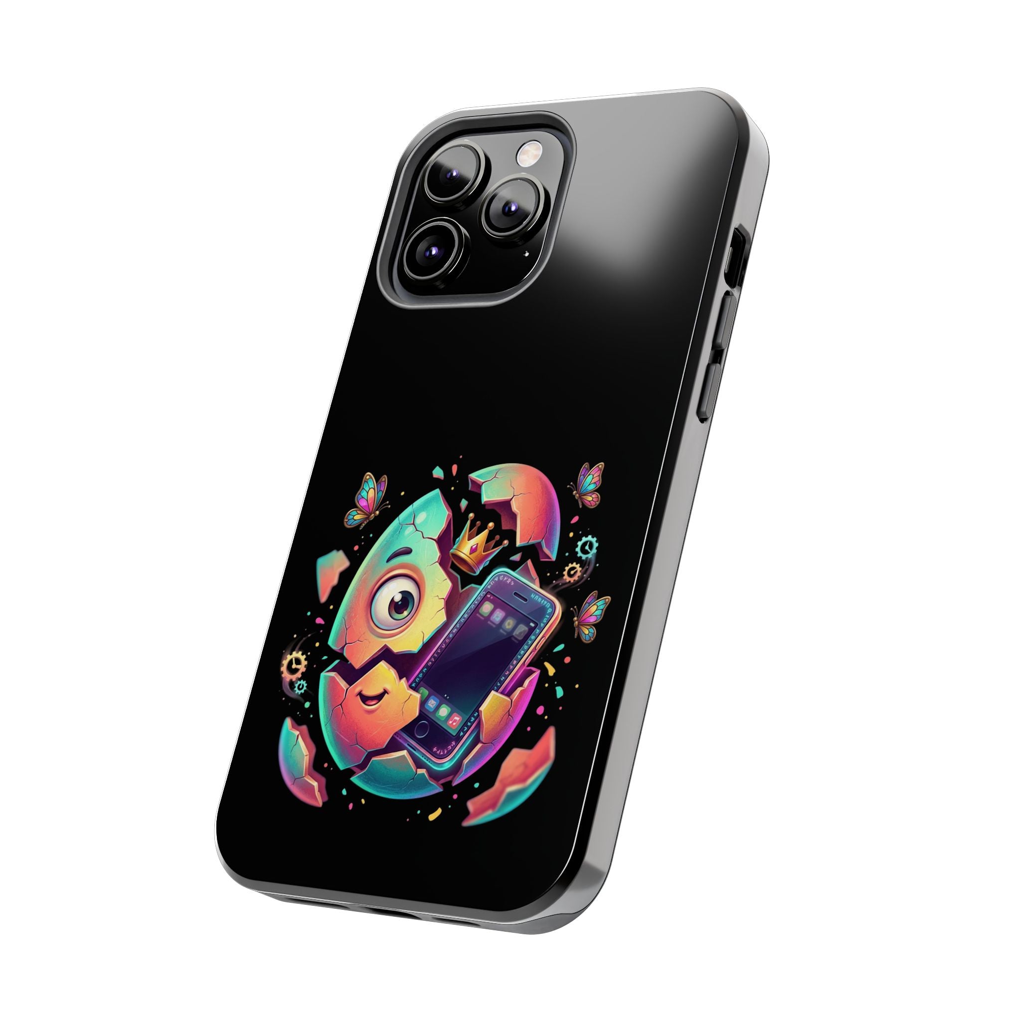 Hatchling Phone Case — Cute Neon Egg Character Holding Smartphone