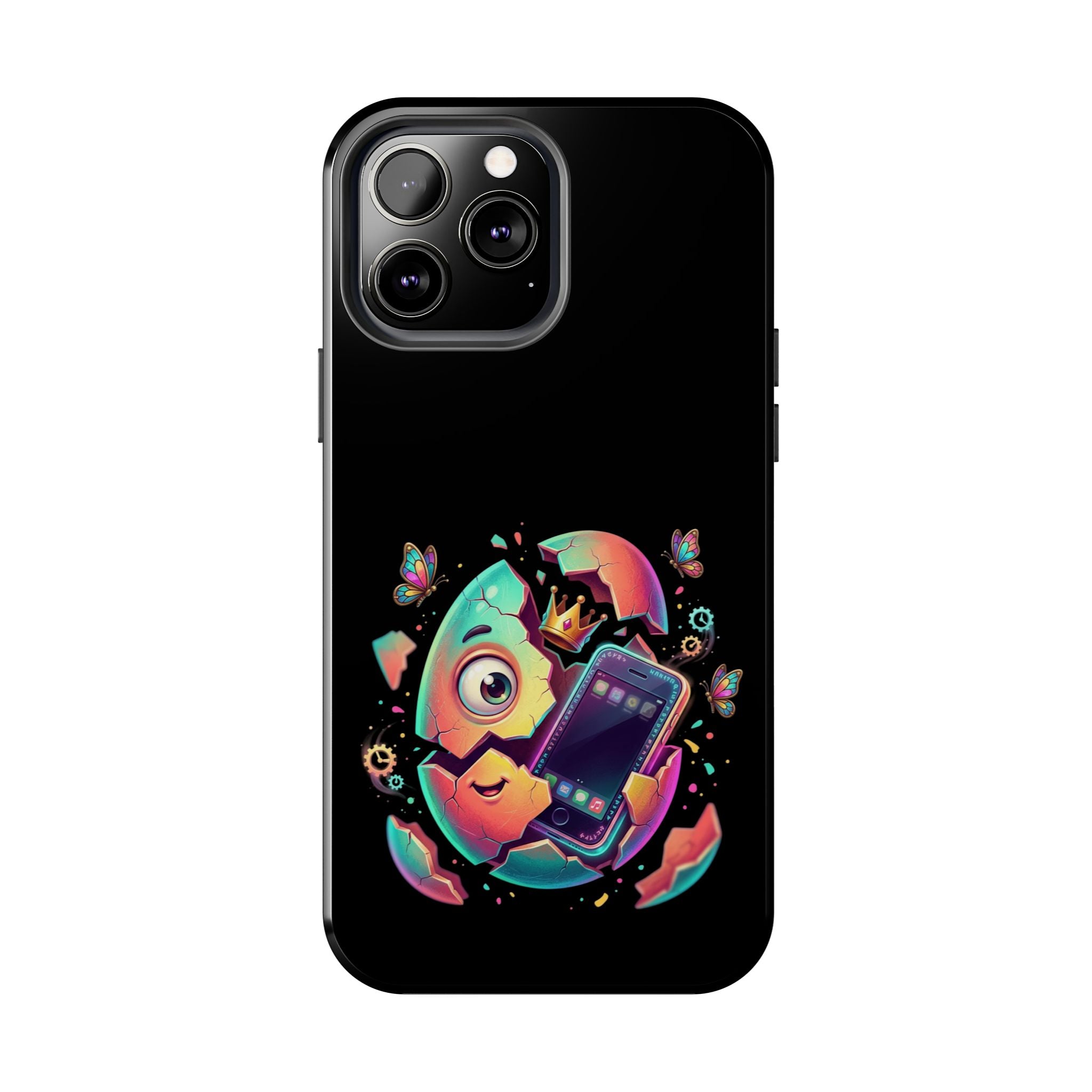 Hatchling Phone Case — Cute Neon Egg Character Holding Smartphone